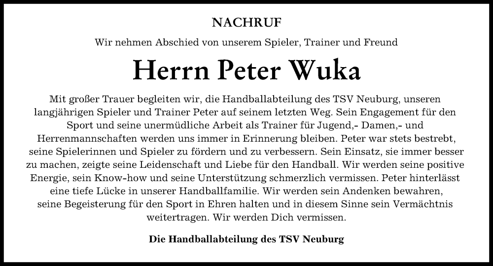  Traueranzeige für Peter Wuka vom 14.06.2023 aus Neuburger Rundschau