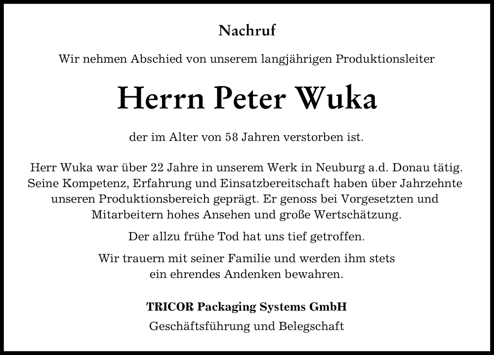  Traueranzeige für Peter Wuka vom 10.06.2023 aus Neuburger Rundschau