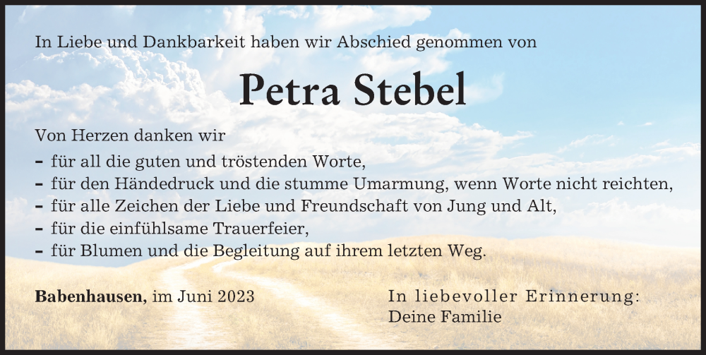  Traueranzeige für Petra Stebel vom 17.06.2023 aus Illertisser Zeitung