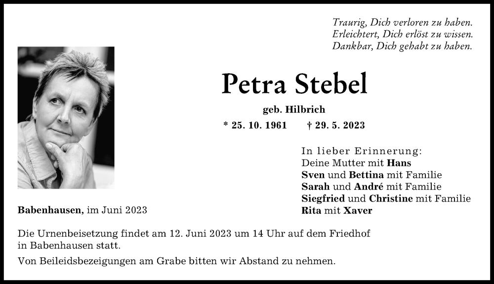  Traueranzeige für Petra Stebel vom 03.06.2023 aus Illertisser Zeitung