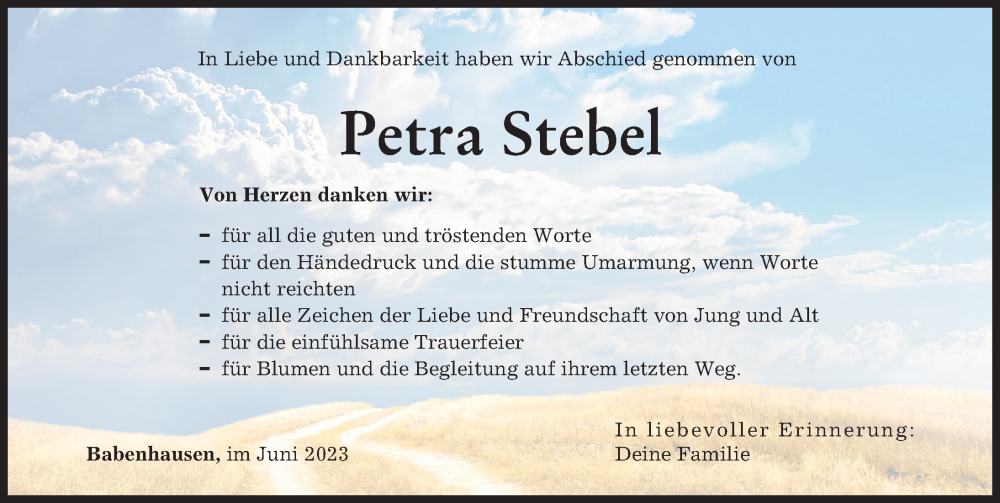  Traueranzeige für Petra Stebel vom 17.06.2023 aus Illertisser Zeitung