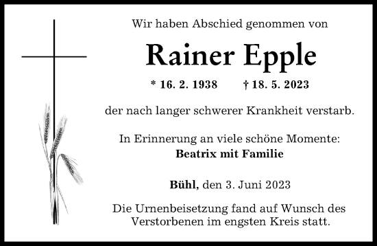 Traueranzeige von Rainer Epple von Günzburger Zeitung