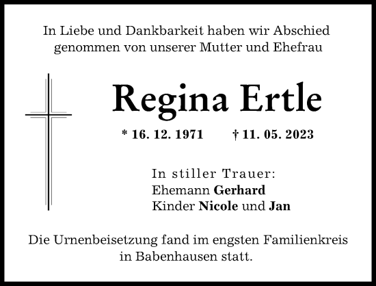 Traueranzeigen von Regina Ertle | Augsburger Allgemeine Zeitung