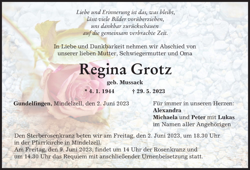  Traueranzeige für Regina Grotz vom 02.06.2023 aus Mittelschwäbische Nachrichten