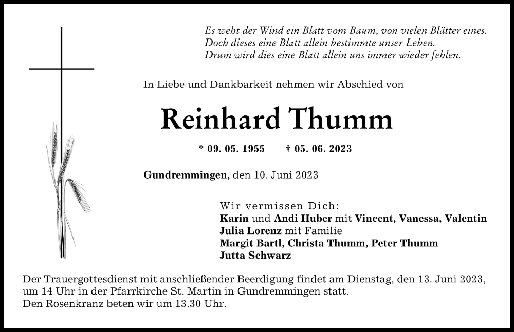 Traueranzeige von Reinhard Thumm von Günzburger Zeitung