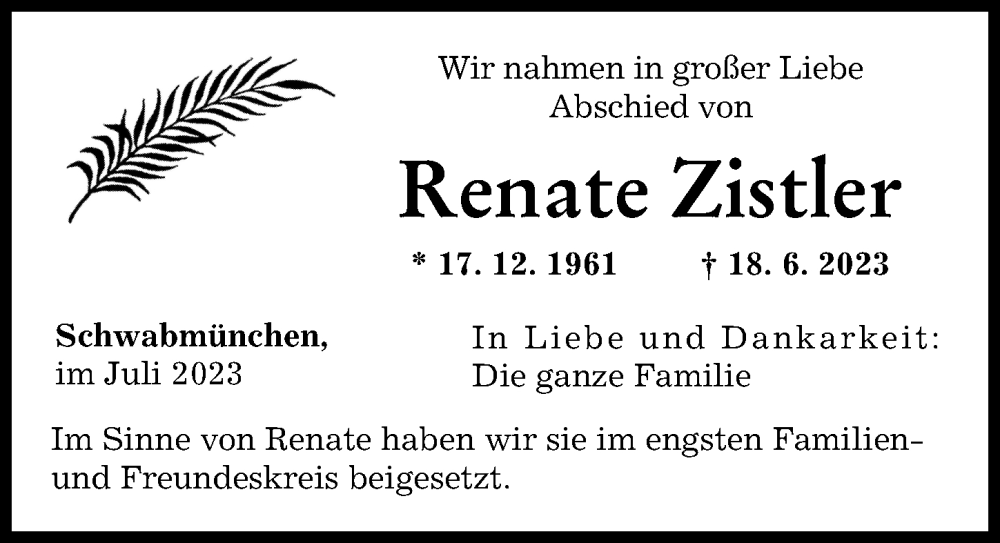 Traueranzeige von Renate Zistler von Schwabmünchner Allgemeine