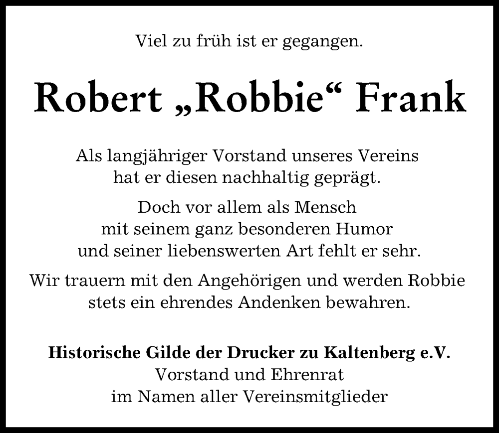 Traueranzeige von Robert  Frank von Augsburger Allgemeine