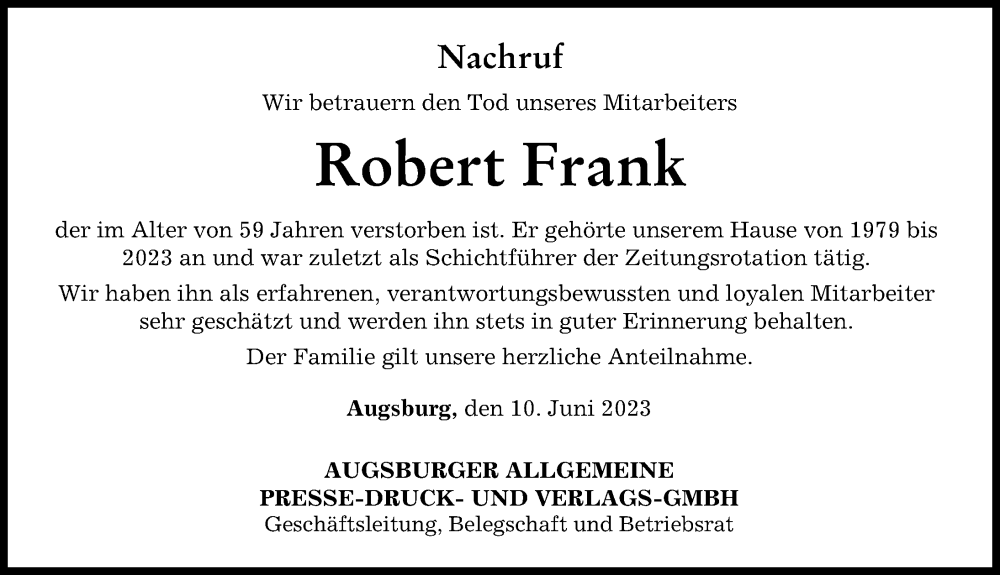Traueranzeige von Robert Frank von Augsburger Allgemeine