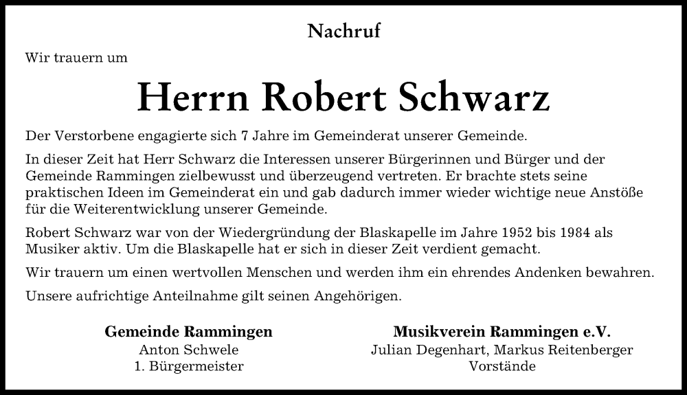 Traueranzeige von Robert Schwarz von Mindelheimer Zeitung