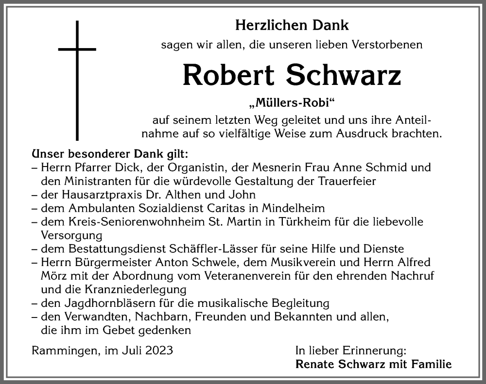 Traueranzeige von Robert Schwarz von Mindelheimer Zeitung