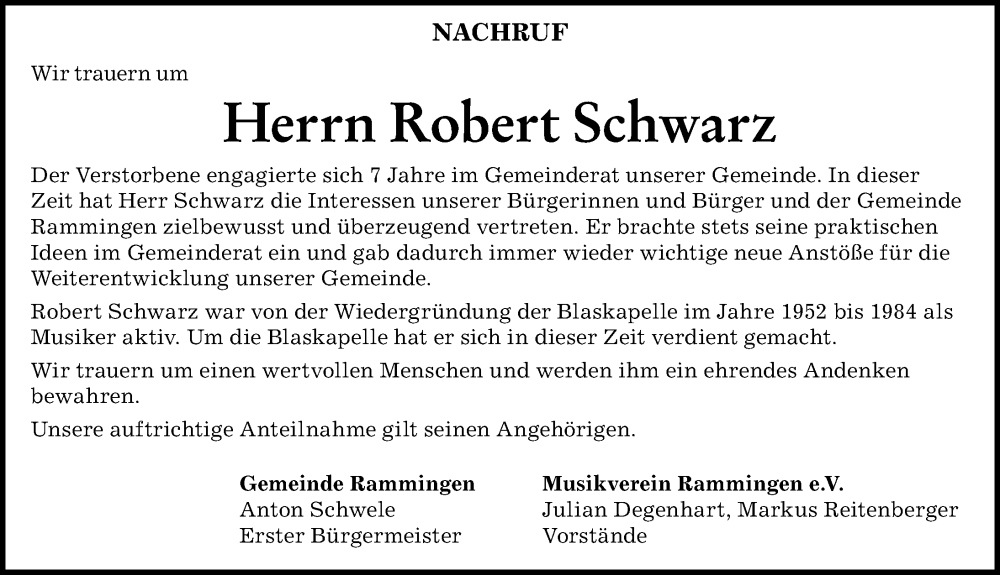 Traueranzeige von Robert Schwarz von Mindelheimer Zeitung