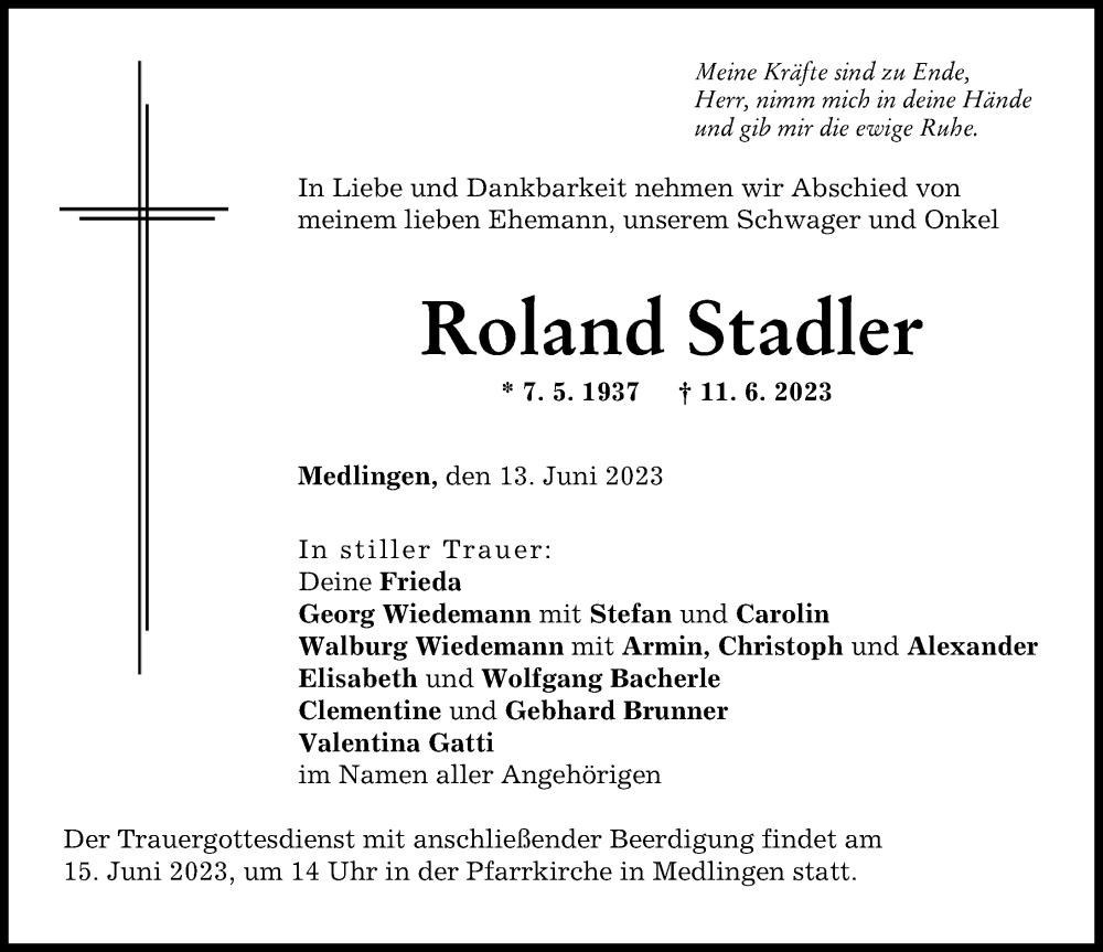  Traueranzeige für Roland Stadler vom 13.06.2023 aus Donau Zeitung
