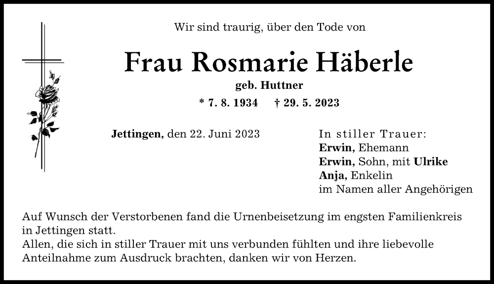 Traueranzeige von Rosmarie Häberle von Günzburger Zeitung