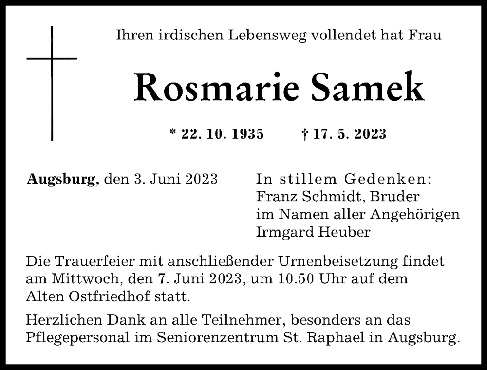  Traueranzeige für Rosmarie Samek vom 03.06.2023 aus Augsburger Allgemeine