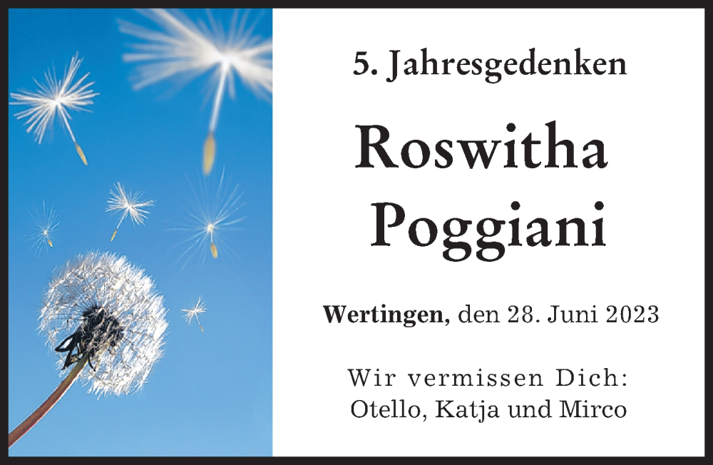 Traueranzeige von Roswitha Poggiani von Augsburger Allgemeine, Wertinger Zeitung