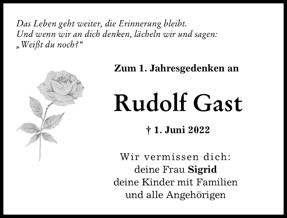 Traueranzeige von Rudolf Gast von Donauwörther Zeitung