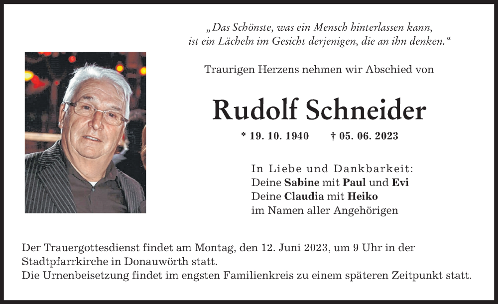 Traueranzeige von Rudolf Schneider von Donauwörther Zeitung