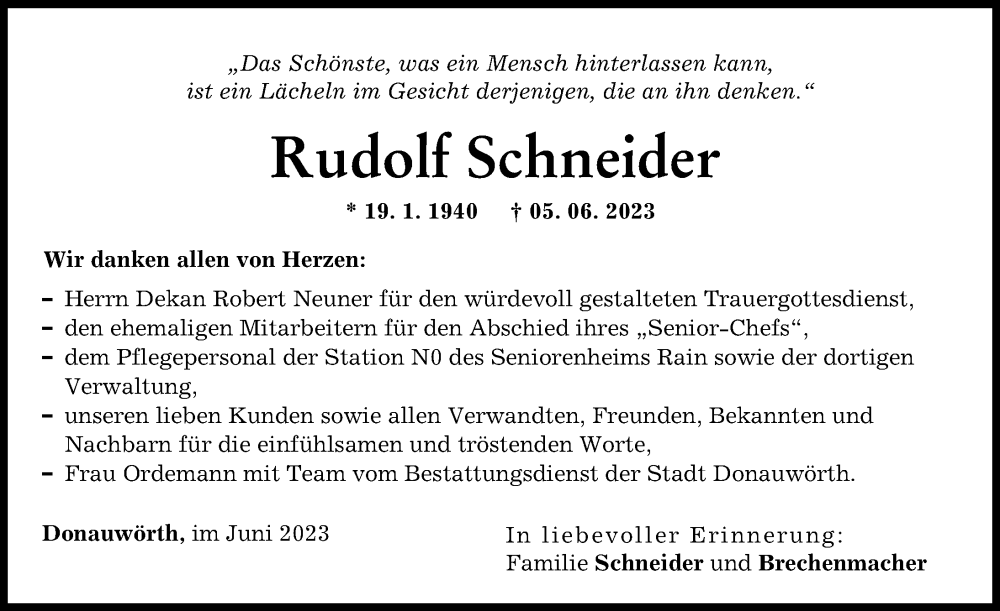 Traueranzeige von Rudolf Schneider von Donauwörther Zeitung