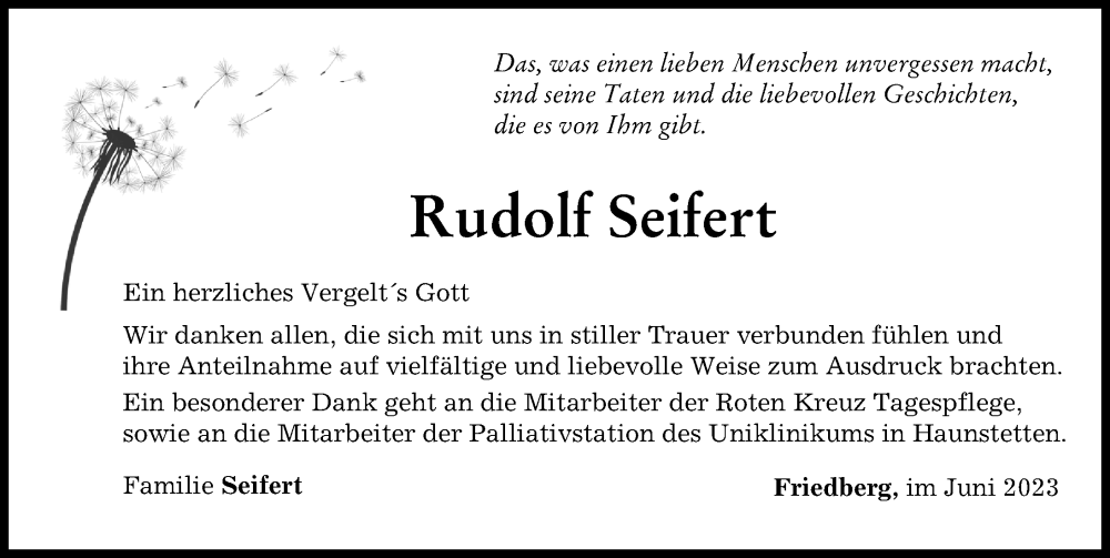  Traueranzeige für Rudolf Seifert vom 03.06.2023 aus Friedberger Allgemeine