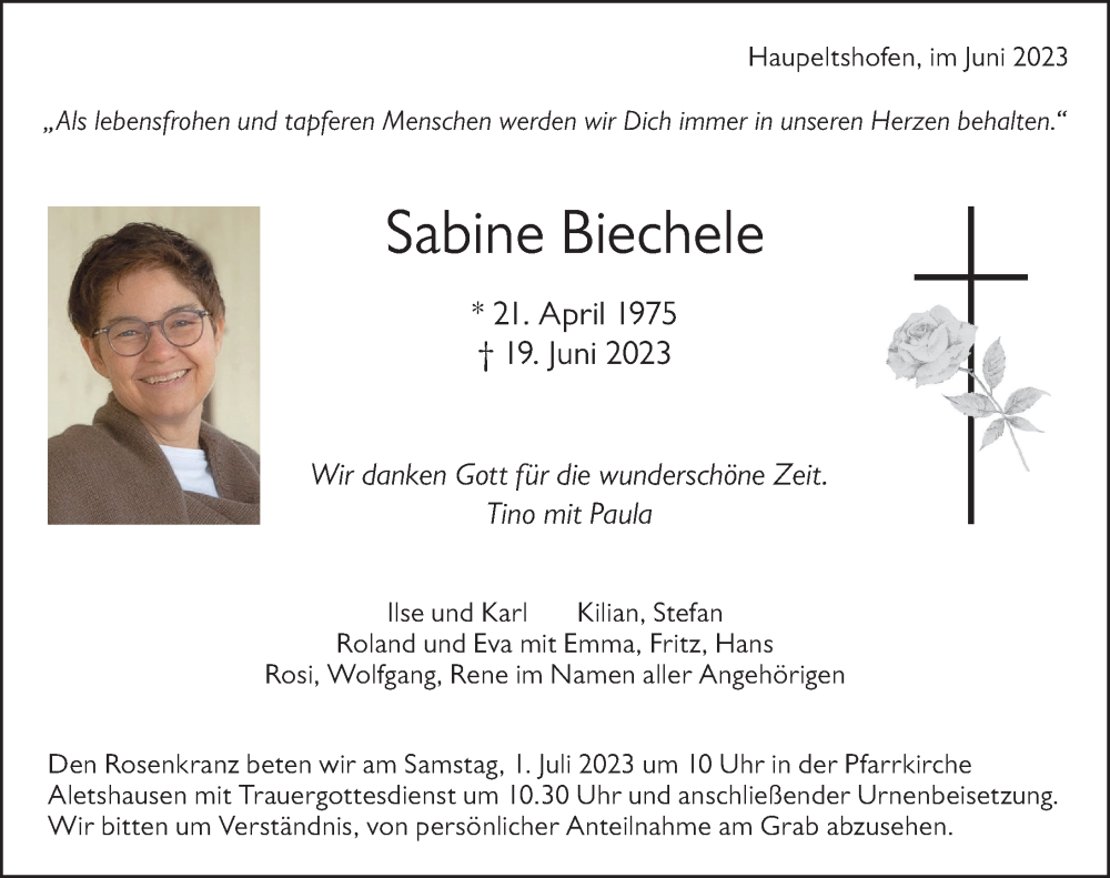  Traueranzeige für Sabine Biechele vom 28.06.2023 aus Mindelheimer Zeitung, Mittelschwäbische Nachrichten