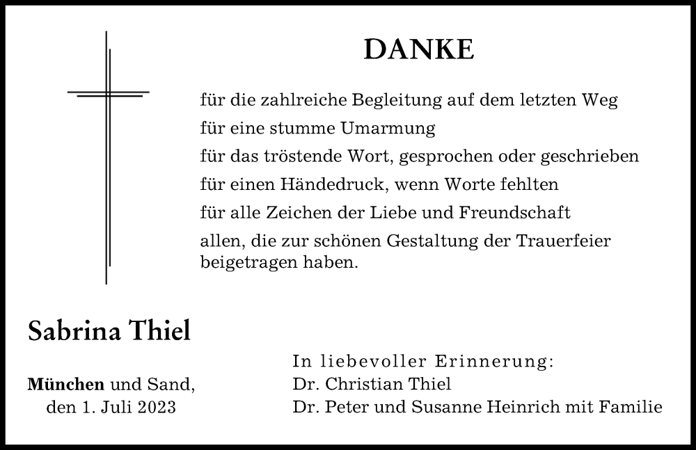 Traueranzeige von Sabrina Thiel von Aichacher Nachrichten, Augsburger Allgemeine