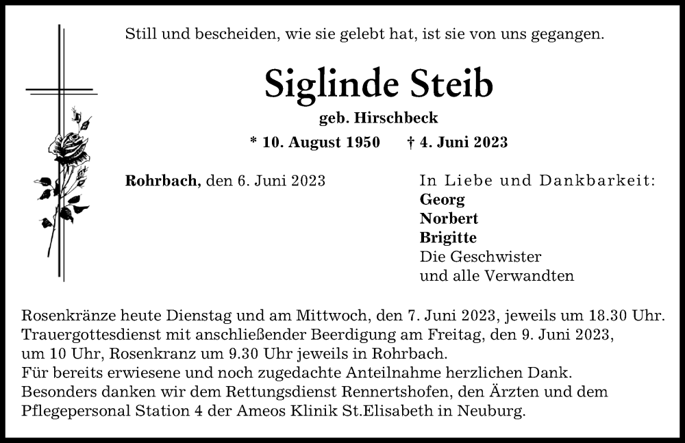  Traueranzeige für Siglinde Steib vom 06.06.2023 aus Neuburger Rundschau