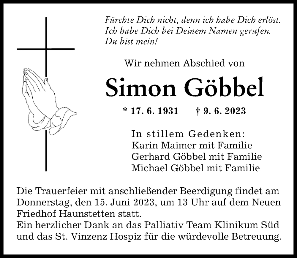 Traueranzeige von Simon Göbbel von Augsburger Allgemeine