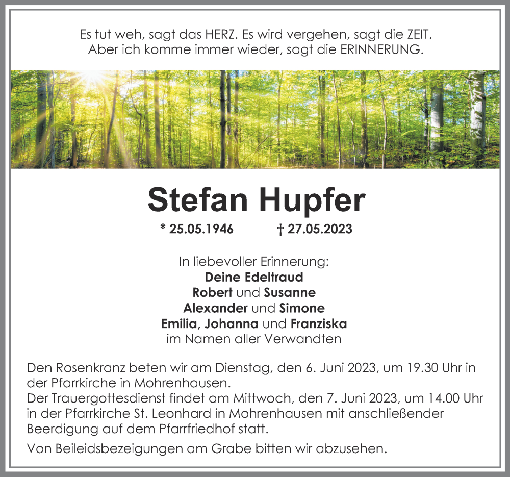  Traueranzeige für Stefan Hupfer vom 03.06.2023 aus Illertisser Zeitung, Mittelschwäbische Nachrichten