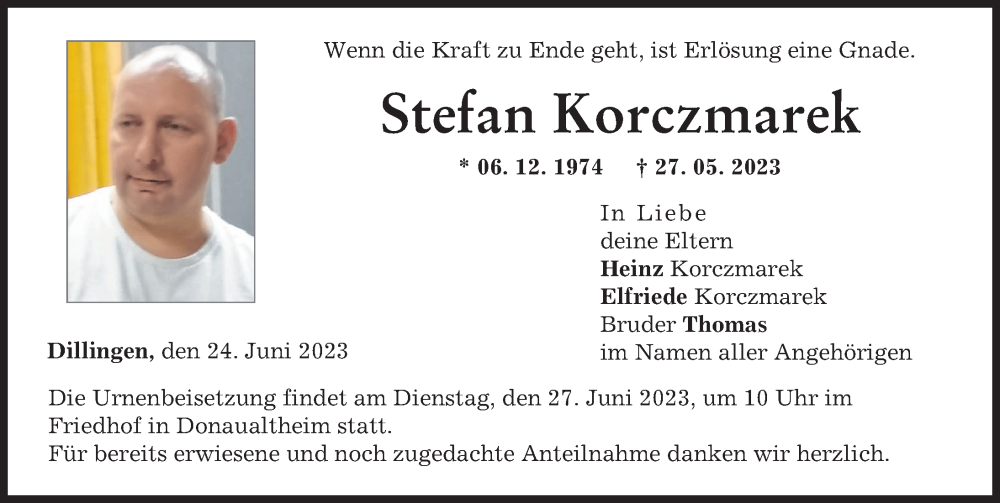 Traueranzeige von Stefan Korczmarek von Donau Zeitung