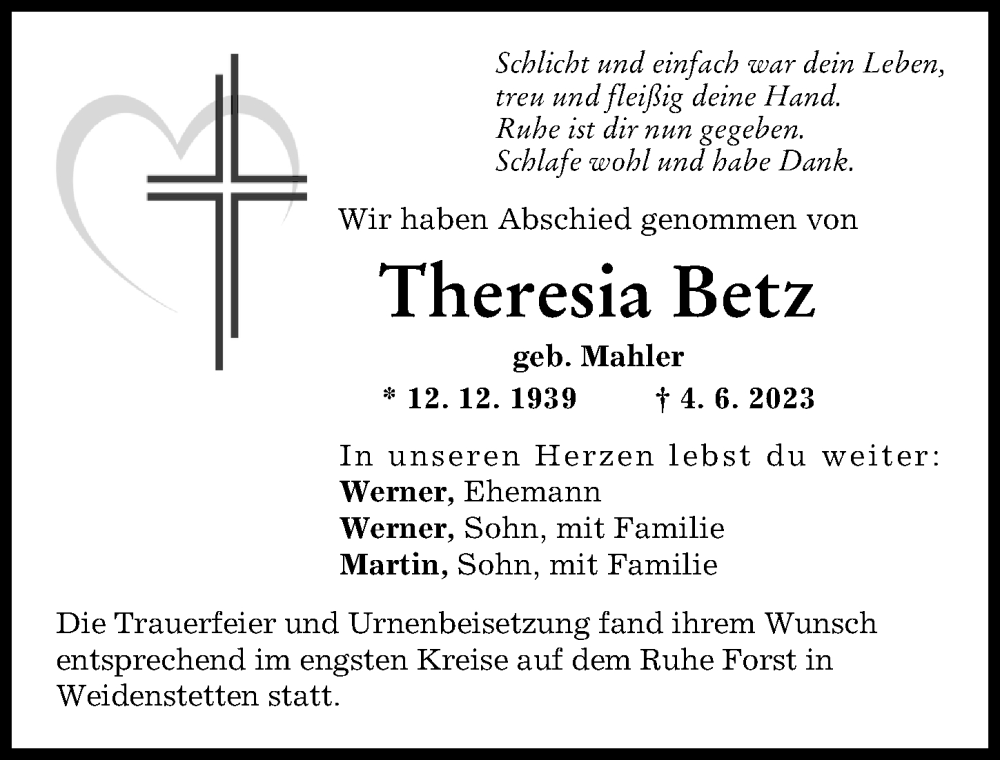 Traueranzeige von Theresia Betz von Günzburger Zeitung