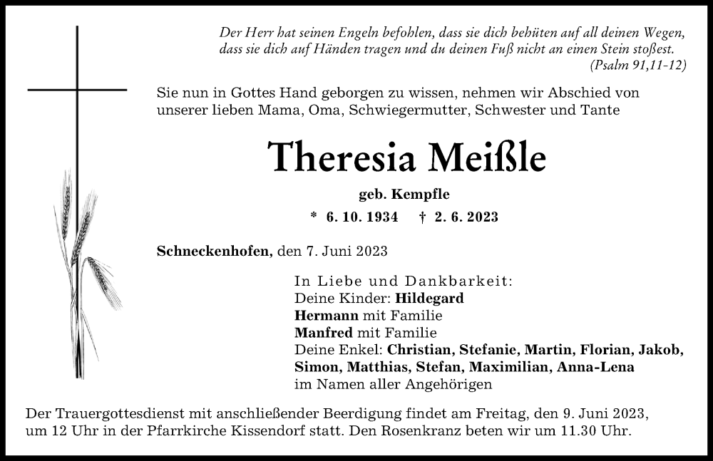  Traueranzeige für Theresia Meißle vom 07.06.2023 aus Günzburger Zeitung