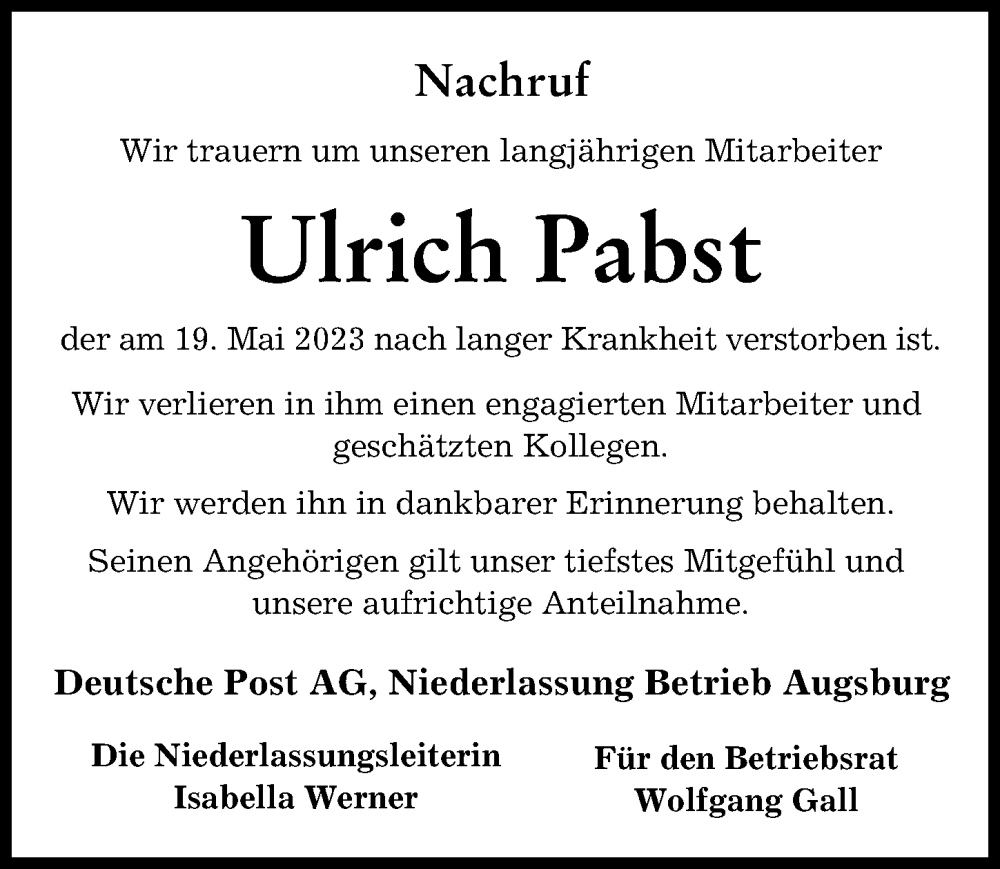  Traueranzeige für Ulrich Pabst vom 03.06.2023 aus Donauwörther Zeitung