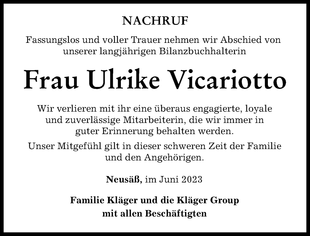  Traueranzeige für Ulrike Vicariotto vom 03.06.2023 aus Augsburger Allgemeine