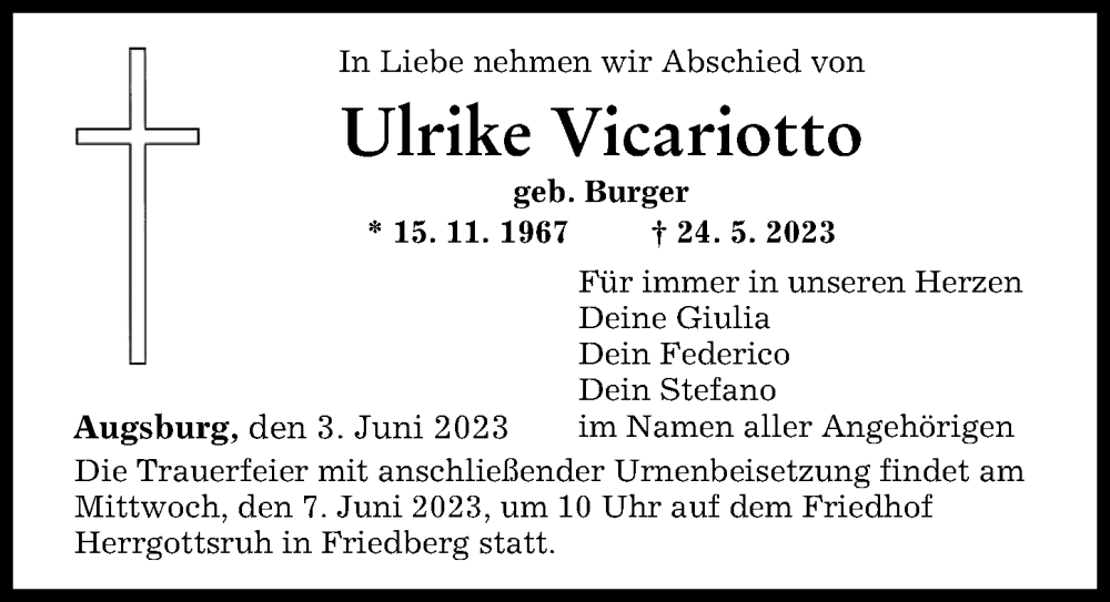  Traueranzeige für Ulrike Vicariotto vom 03.06.2023 aus Augsburger Allgemeine
