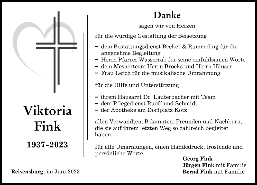  Traueranzeige für Viktoria Fink vom 14.06.2023 aus Günzburger Zeitung
