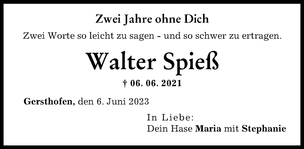 Traueranzeige für Walter Spieß vom 06.06.2023 aus Augsburg-Land