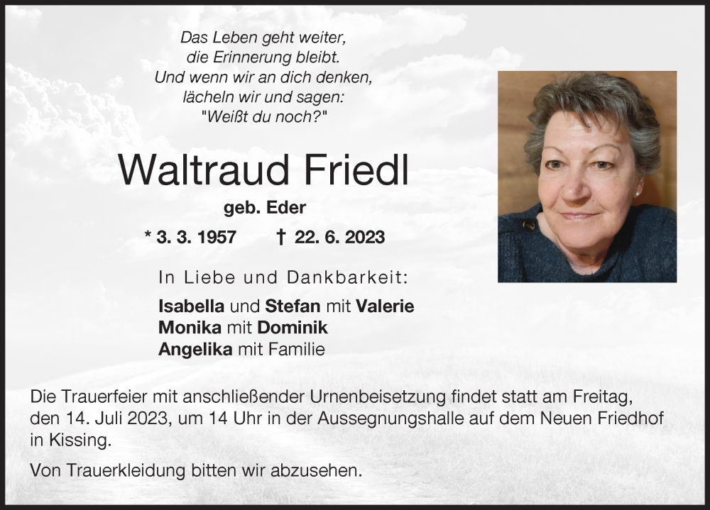 Traueranzeige von Waltraud Friedl von Friedberger Allgemeine