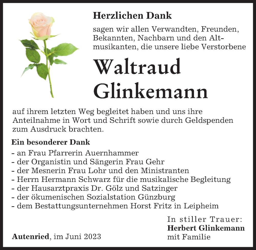 Traueranzeige von Waltraud Glinkemann von Günzburger Zeitung