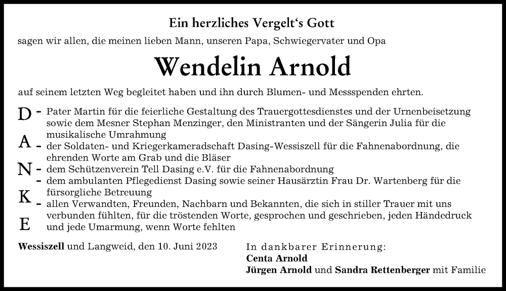  Traueranzeige für Wendelin Arnold vom 10.06.2023 aus Friedberger Allgemeine
