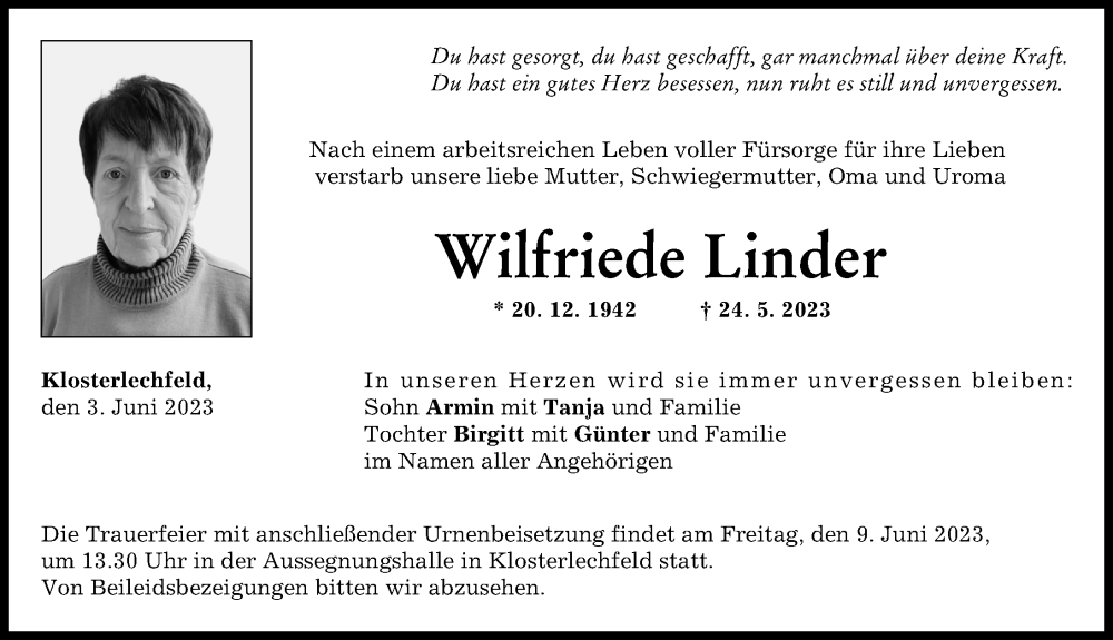 Traueranzeige von Wilfriede Linder von Schwabmünchner Allgemeine