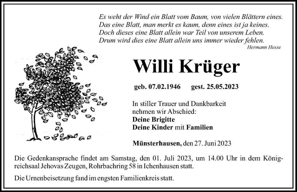 Traueranzeige von Willi Krüger von Mittelschwäbische Nachrichten