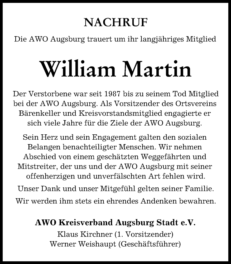 Traueranzeige von William Martin von Augsburger Allgemeine