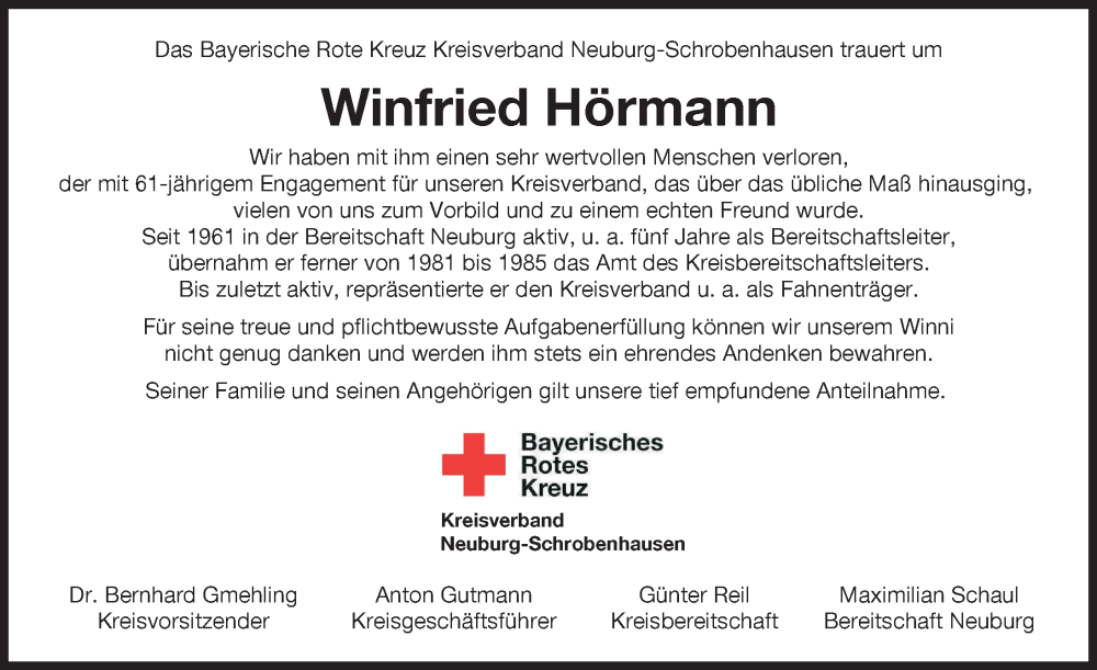  Traueranzeige für Winfried Hörmann vom 03.06.2023 aus Neuburger Rundschau