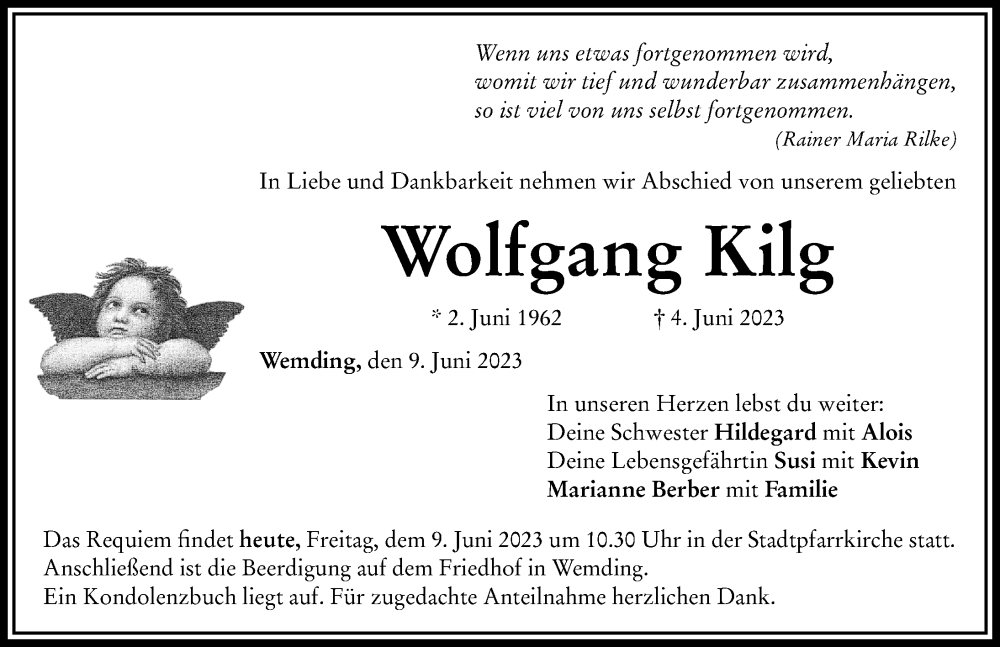 Traueranzeige von Wolfgang Kilg von Donauwörther Zeitung