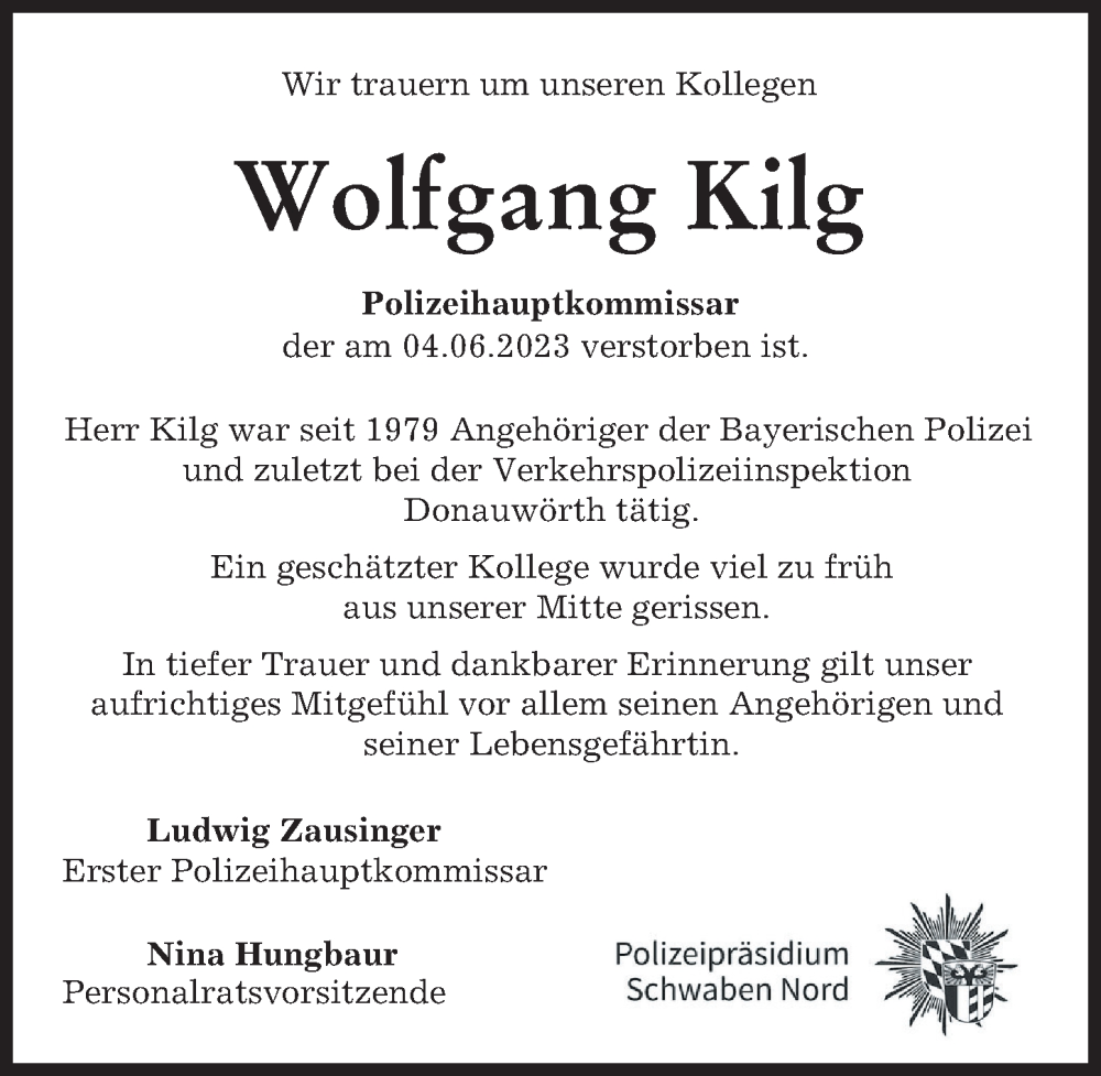 Traueranzeige von Wolfgang Kilg von Donauwörther Zeitung, Rieser Nachrichten