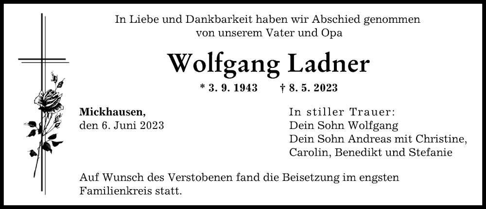  Traueranzeige für Wolfgang Ladner vom 06.06.2023 aus Augsburger Allgemeine
