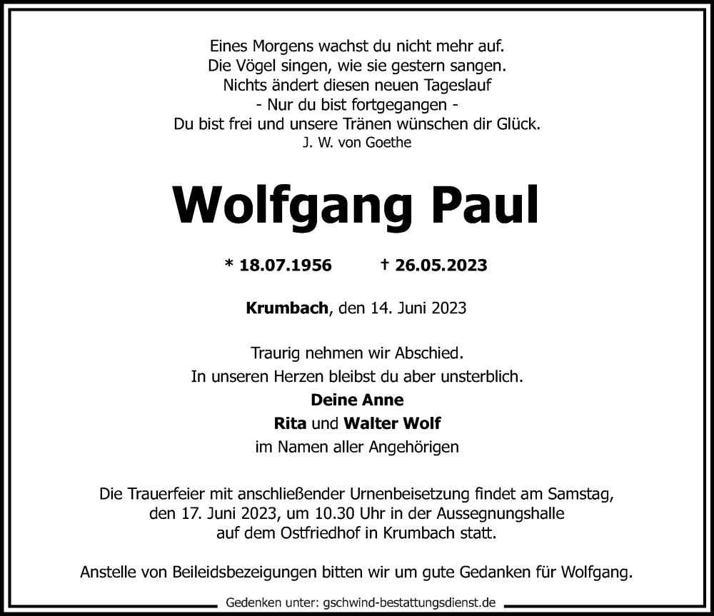Traueranzeige von Wolfgang Paul von Mittelschwäbische Nachrichten