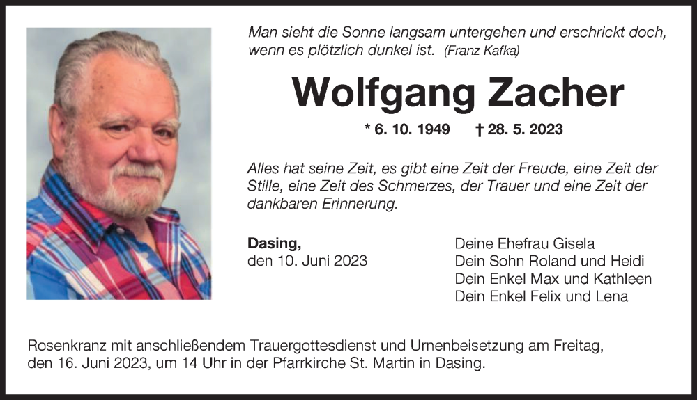  Traueranzeige für Wolfgang Zacher vom 10.06.2023 aus Augsburger Allgemeine