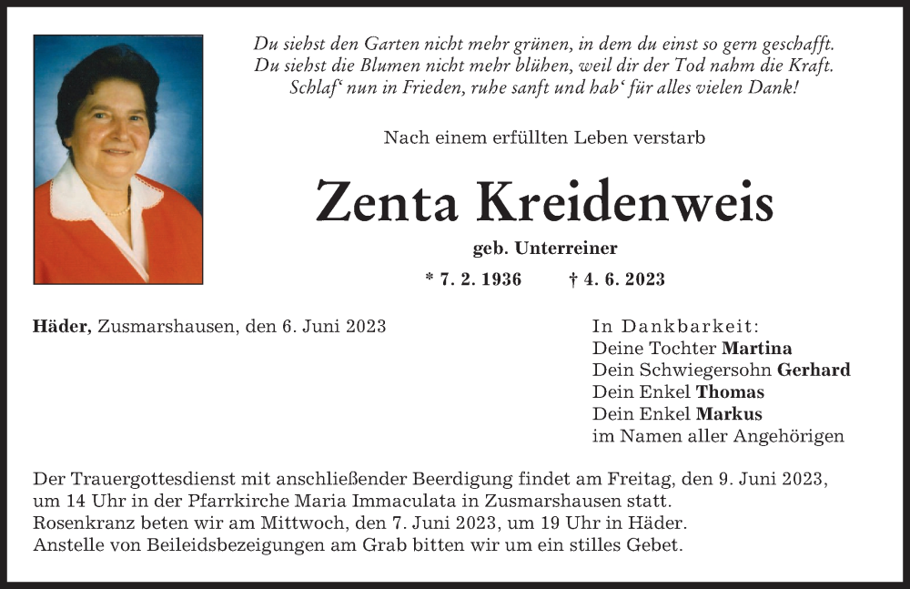 Traueranzeige von Zenta Kreidenweis von Augsburg-Land