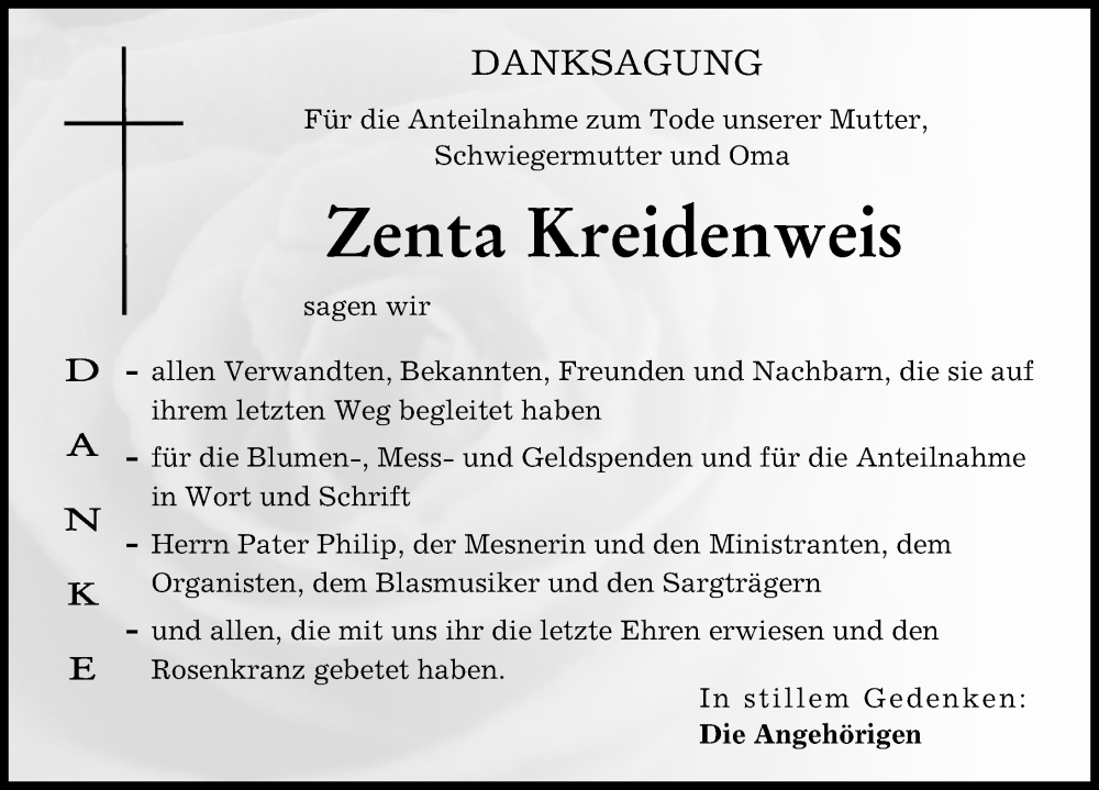  Traueranzeige für Zenta Kreidenweis vom 17.06.2023 aus Augsburg-Land